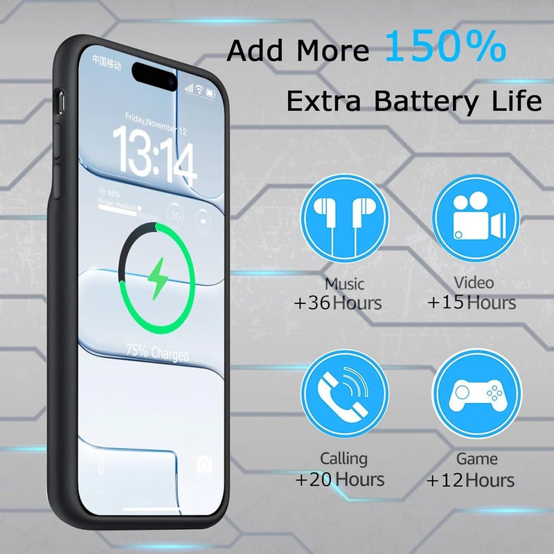 KCKEBLM Battery Case for iPhone Air, Upgraded 12000mAh Rechargeable Portable Extended Battery Pack Supported Qi Wireless Charging Case Compatible with iPhone Air(6.5 inch) Charger Cover Power Bank (Black) - Image 3